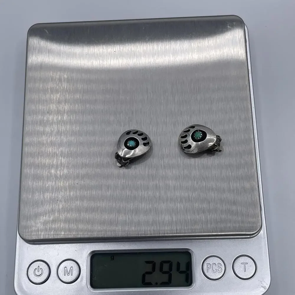 Southwestern Sterling Silver Navajo Turquoise Bear Paw Clip-On Earrings Vintage